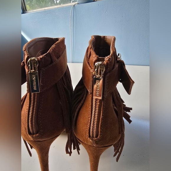 Express Boho Suede Fringe Peep Toe Brown Boots 7 - Picture 2 of 9